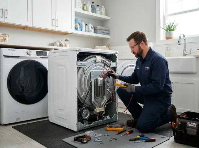 Appliance Repair Hero technician checking a dryer heating element with the rear panel off in Benton, KS