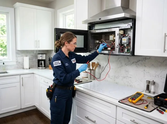 Appliance Repair Hero technician testing an over-the-range microwave in a Benton, KS kitchen