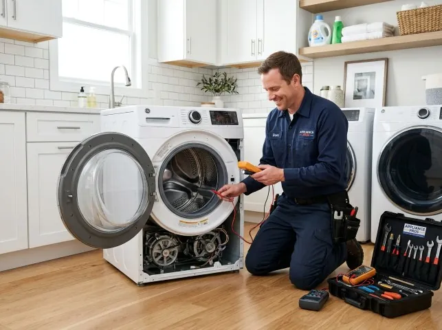 Appliance Repair Hero technician testing a front-load washer with a multimeter on a Benton, KS service call